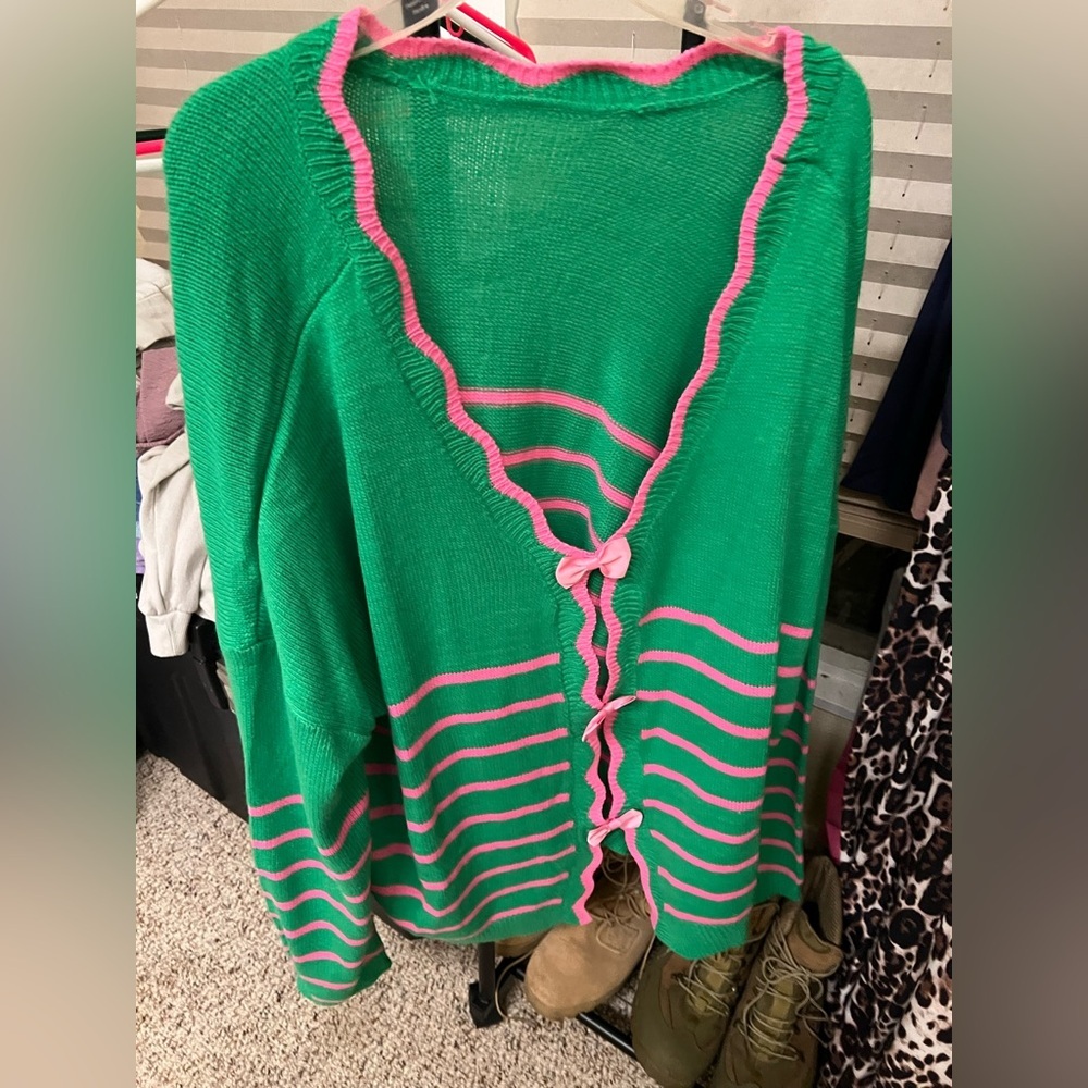 DAVI & DANI Green Cardigan with Pink Stripes